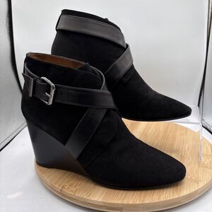 Aquatalia Tillie Suede Wedge Booties Womens 10 Black Cross Buckle Strap